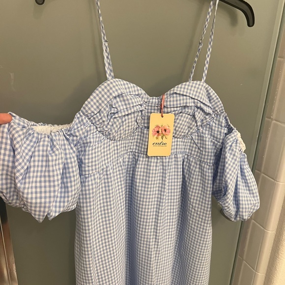 NWT blue gingham puff sleeve Offshoulder midi dress - Picture 4 of 9